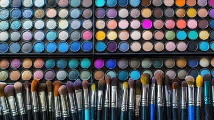 Naklejka premium Colorful Eyeshadow Palette and Makeup Brushes Displayed on a Flat Surface for Beauty Artistry