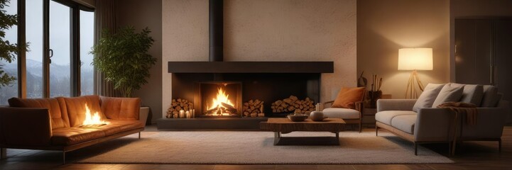 Fototapeta premium A crackling fire casts a warm glow over a room filled with comfortable furniture and natural textures, warm glow, fireplace, inviting space