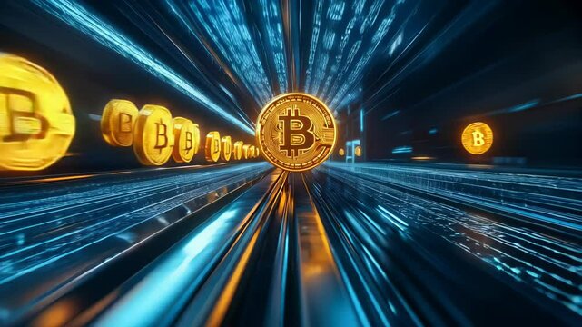 Golden bitcoin coins are speeding on digital rails inside a computer network with data stream and binary code running in the background. Concept of blockchain and cryptocurrencies