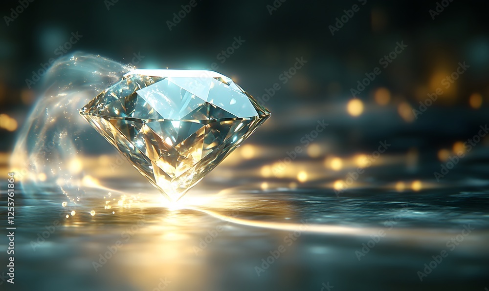 Aufkleber a sparkling diamond reflects light on a dark surface with luminous bokeh creating a magical atmosphe
