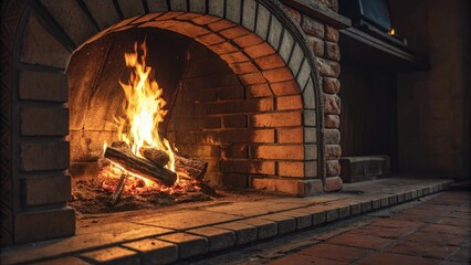 A crackling fire burns brightly in the hearth as flames dance and flicker, warmth, fireplace, heat