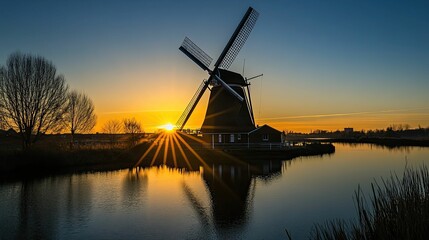 Sunset silhouettes windmill, water, trees.