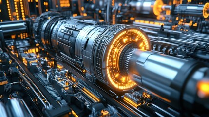 Fototapeta premium A steam-powered gas turbine generating electricity for a futuristic city, glowing machinery and complex pipelines