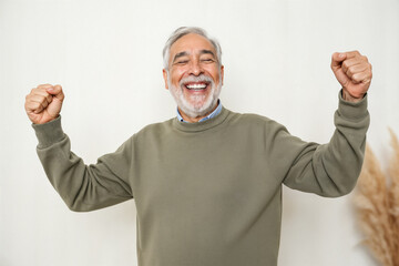 Fototapeta premium joyful senior man celebrates success with raised arms and a radiant smile