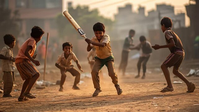 Energetic boys playing cricket during golden hour, casting dust clouds while enjoying carefree game in narrow urban Indian street with passionate teamwork and youthful spirit