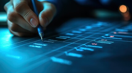 Person planning project, flowchart, night