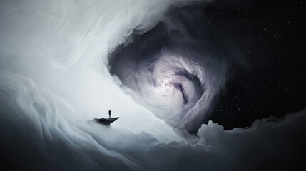 Fototapeta premium A lone figure explores the vastness of a distant galaxy, surrounded by swirling clouds and cosmic wonders in deep space