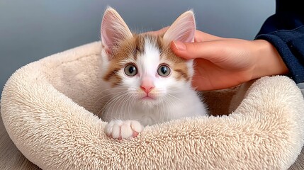 Adorable kitten resting in a cozy bed with a gentle hand petting it, soft background ambiance