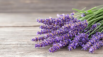 Fototapeta premium Lavender bouquet on rustic wood, peaceful background, aromatherapy, wellness