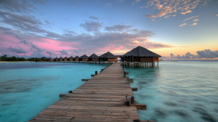 Obraz premium Wooden Pier Leading To Overwater Bungalows At Tropical Sunrise