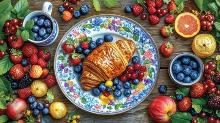 Fototapeta premium Delicious Croissant Surrounded by Fresh Berries and Citrus Fruits on a Decorative Plate