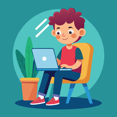a boy is using his laptop vector