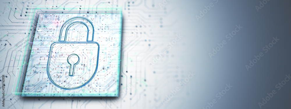 Poster Digital padlock icon on a futuristic circuit board background. 3D Rendering