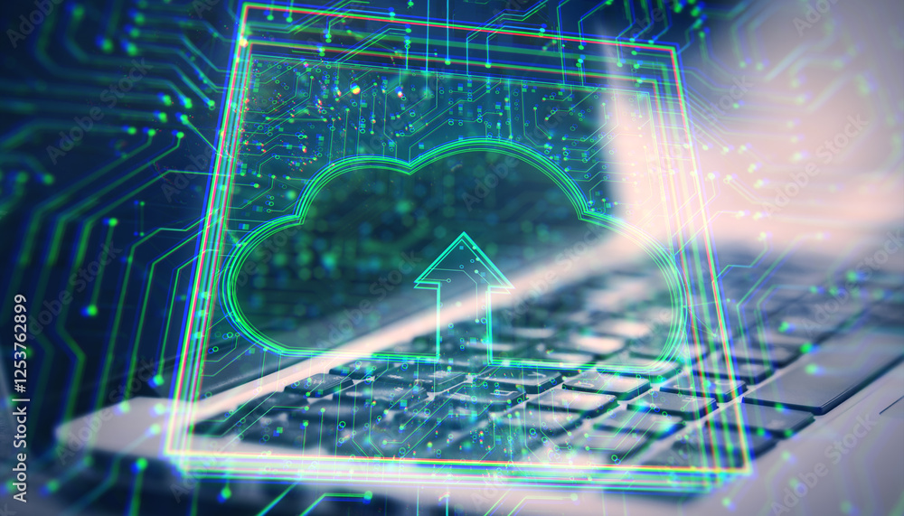 Aufkleber Abstract digital cloud upload icon with circuit lines over a laptop keyboard.