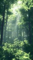 Obraz premium Exploring the Tranquil Forest: A Vibrant Journey Through Sunlit Trees, Green Foliage, and Serene Wilderness Scenery for Nature Lovers and Hiking Enthusiasts to Nourish the Soul