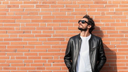 Stylish Man in Leather Jacket and Sunglasses Against a Brick Wall, Exuding Confidence and Modern Fashion Trends