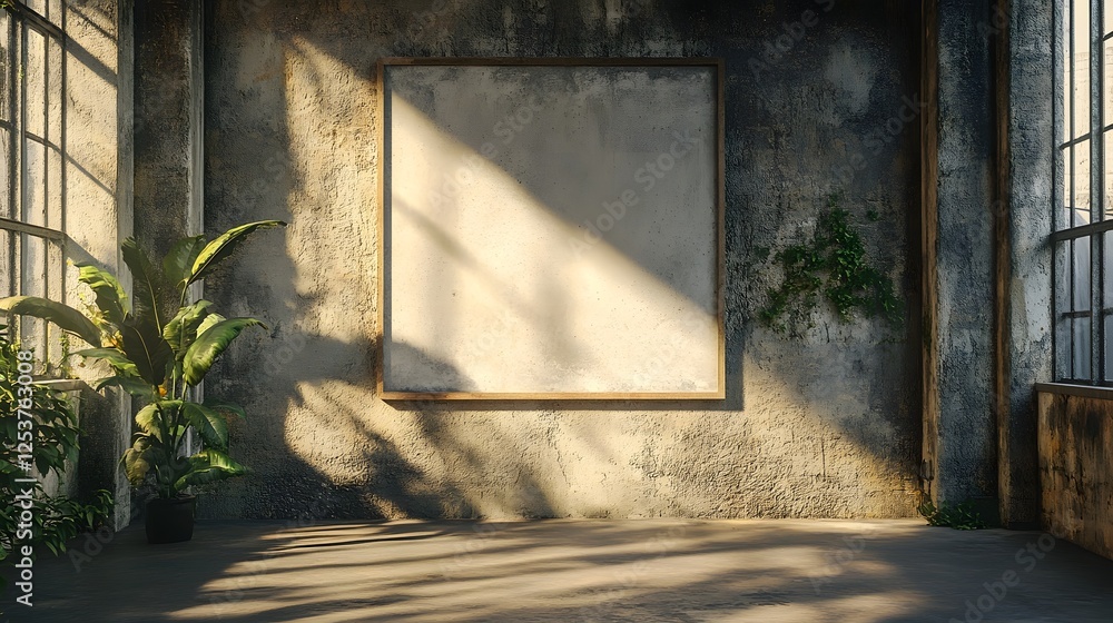 Poster An abandoned dilapidated room with a weathered window frame allowing warm hazy sunlight to pour in casting shadows on the decaying walls