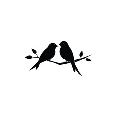 Black Silhouette two birds on a branch, valentine day vector.