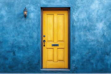 Yellow Door On Blue Painted Exterior Wall