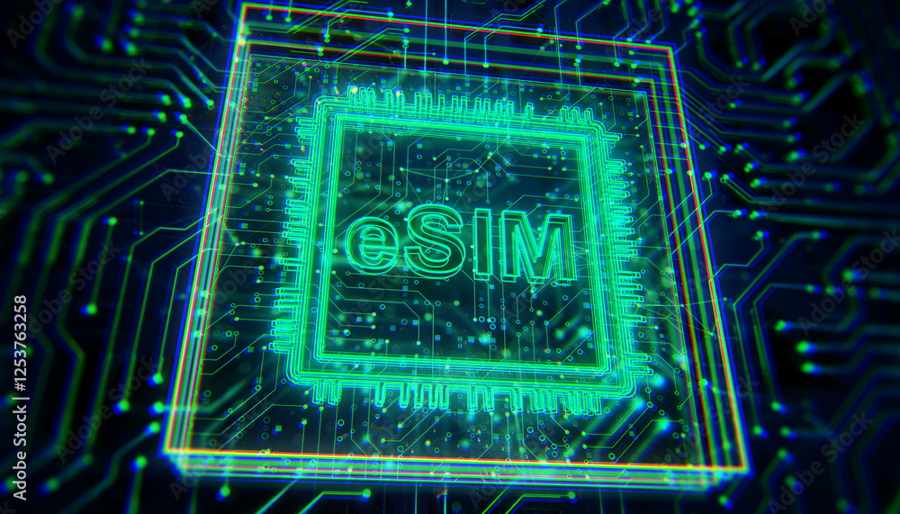 Poster futuristic esim chip glowing with neon green circuit design on a dark digital background. concept of