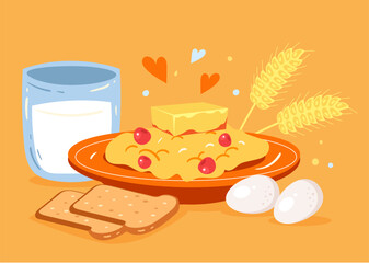 Morning breakfast porridge with milk, banana and nuts. Vector flat graphic design cartoon illustration
