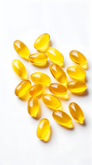 Fototapeta premium High angle close up shot of scattered yellow softgel capsules on white background health supplement