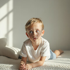 blond boy lies peacefully on a white blanket bathed in soft sunlight.