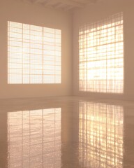 Reflections of light in a minimalist studio contemporary art space warm environment serene viewpoint