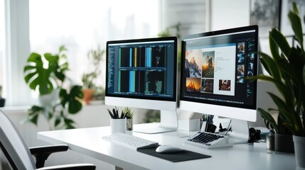 Modern Workplace with Two Computer Monitors