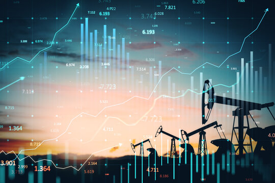 Financial stock market chart overlaying oil pump jack silhouettes at sunset.