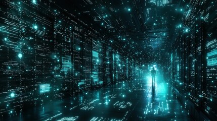 Person walking through digital data tunnel; futuristic tech background