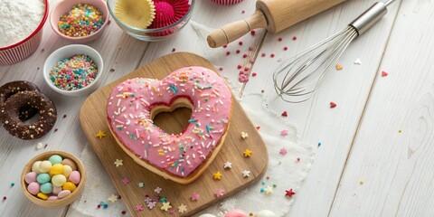 A colorful heart-shaped donut with sprinkles placed on a wooden table surrounded by other sweet treats and baking utensils, heart shaped donut, dessert table