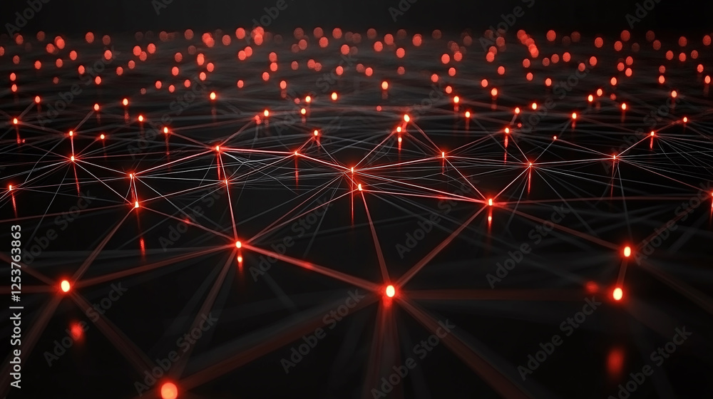 Poster network of glowing nodes: a complex web of interconnected nodes glowing red against a dark backgroun