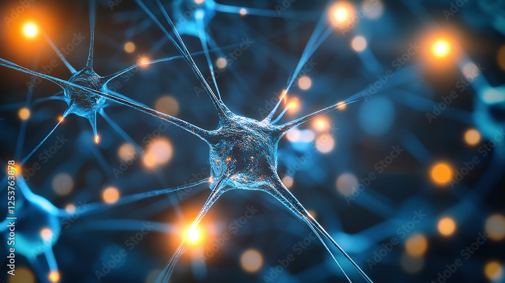 Poster neural network: a dynamic interplay of blue neuronal cells interconnected with orange signal transfe