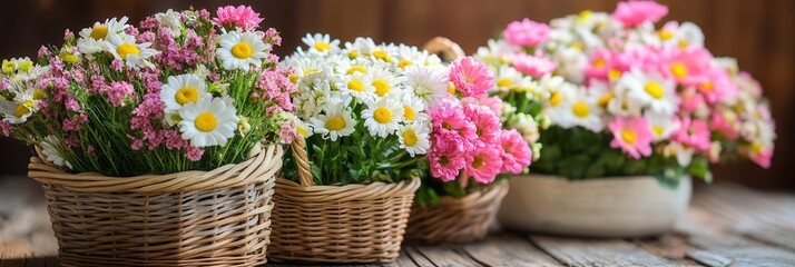 Three decorative baskets filled with vibrant flowers are elegantly arranged on a table, showcasing a delightful floral display.