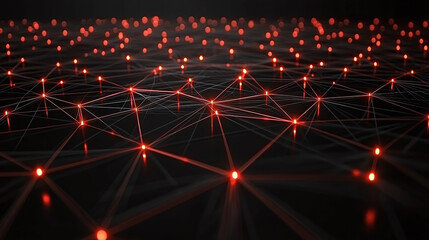 Fototapeta premium Network of Glowing Nodes: A complex web of interconnected nodes glowing red against a dark background, representing connections and data flow.