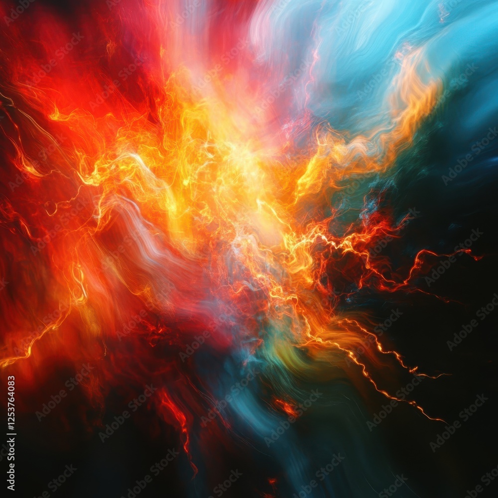 Poster abstract colorful explosion of light and energy with dynamic textures in vivid red and blue hues for
