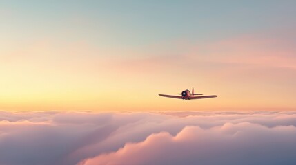 Fototapeta na wymiar Vintage Airplane Flying Through Soft Clouds at Sunset with Warm Colors and Peaceful Atmosphere