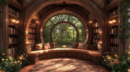Obraz premium Enchanting reading nook with a scenic view, surrounded by books and natural light.