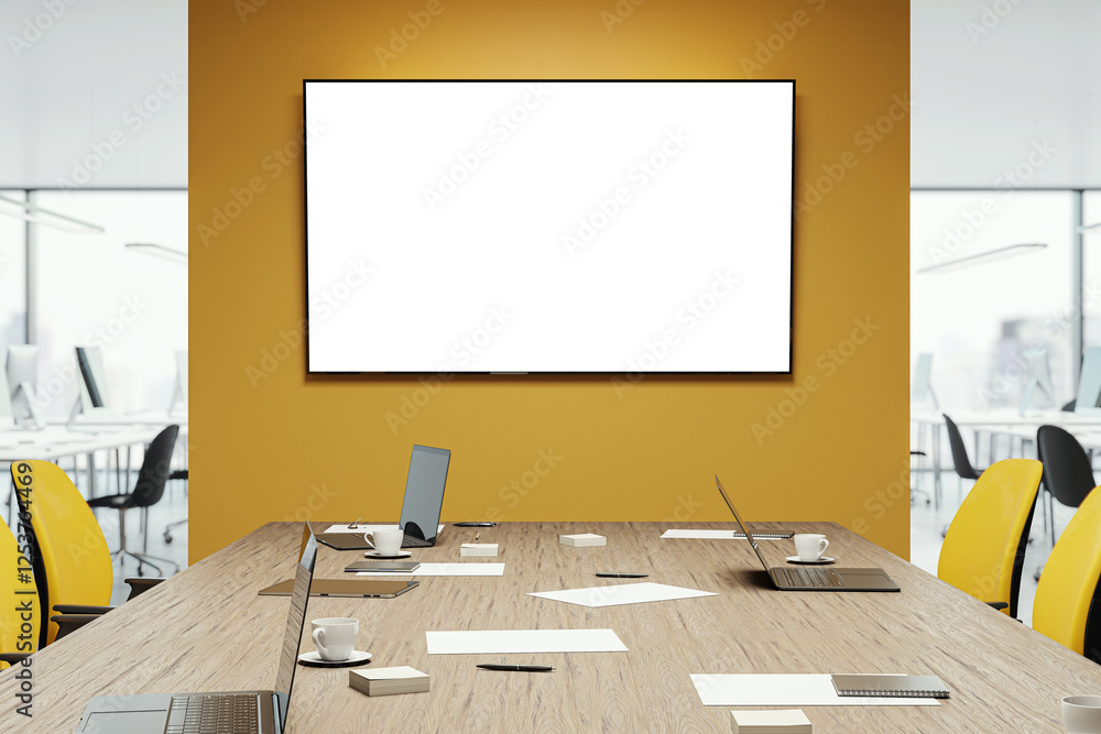 Poster modern conference room with a large blank screen on yellow wall and wooden table surrounded by chair