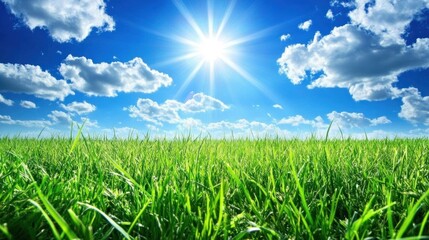 Obraz premium Sunny day, green field, blue sky, clouds, nature