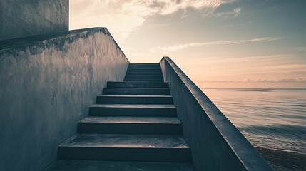 Obraz premium Concrete stairs ascend towards ocean sunset.