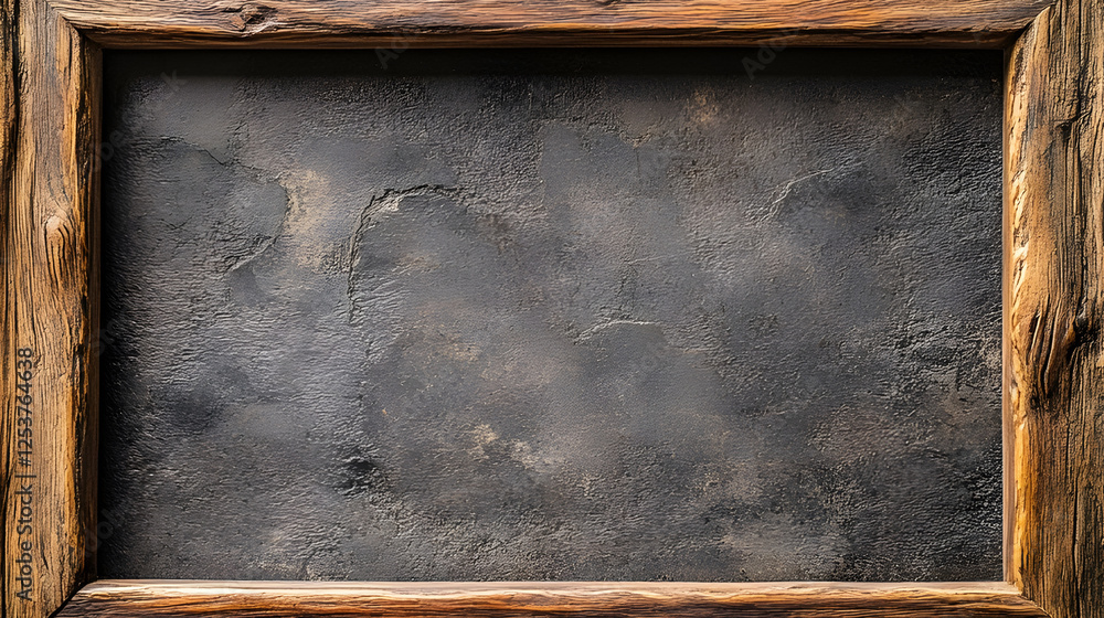 Aufkleber An old weathered wooden frame hanging on a distressed grungy concrete wall background  The natural wood texture and worn aged appearance create a rustic