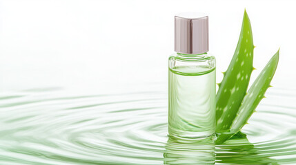 Aloe Vera Extract Serum for Soothing Skincare and Hydration Boost. Aloe vera bottle on water surface with green leaves in background.