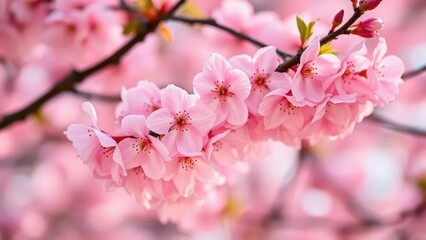 Soft pink petals unfold delicate cherry blossoms, soft focus, tree