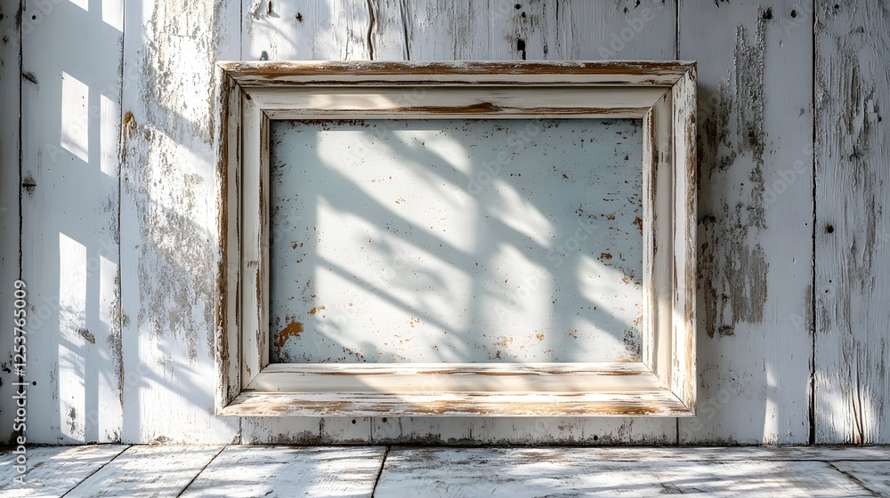 Fototapete an old weathered wooden frame with distressed textures casting soft shadows from the natural sunligh