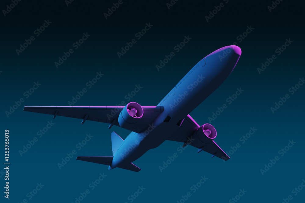 Poster abstract airplane in vivid pink and blue lighting on gradient background. 3d rendering