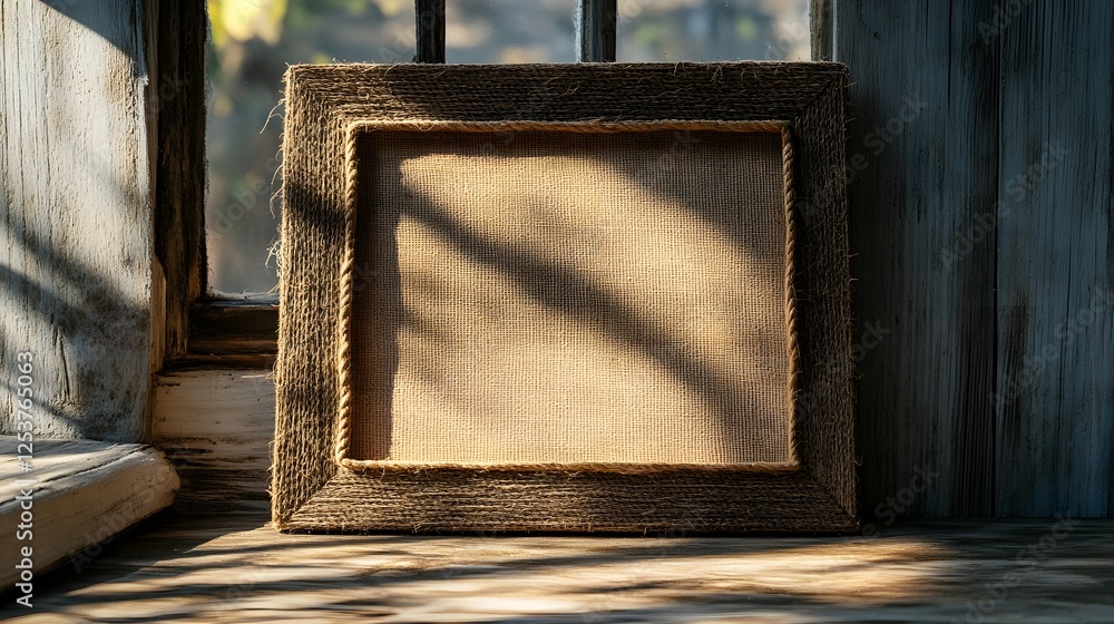 Poster An old weathered wooden frame resting on a rustic windowsill with the soft filtered sunlight casting calming shadows across the surface