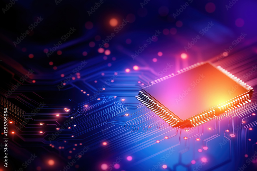 Poster close up view of a computer microchip with glowing circuit board design in dim light