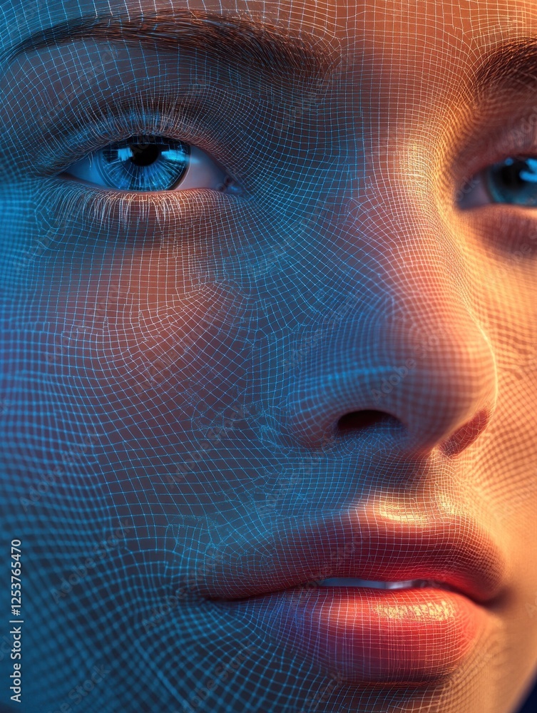 Poster a woman's face with a grid of grids applied on top of it. concept of cosmetic procedures. digital fa